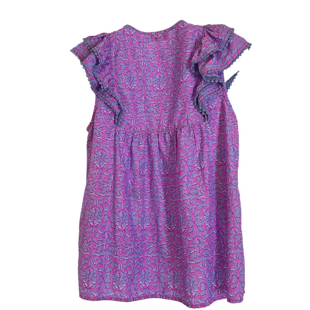 Vineyard Vine Anegada Block Print Ruffled Top, Notched Neck XS in Blue/pink - Picture 7 of 9